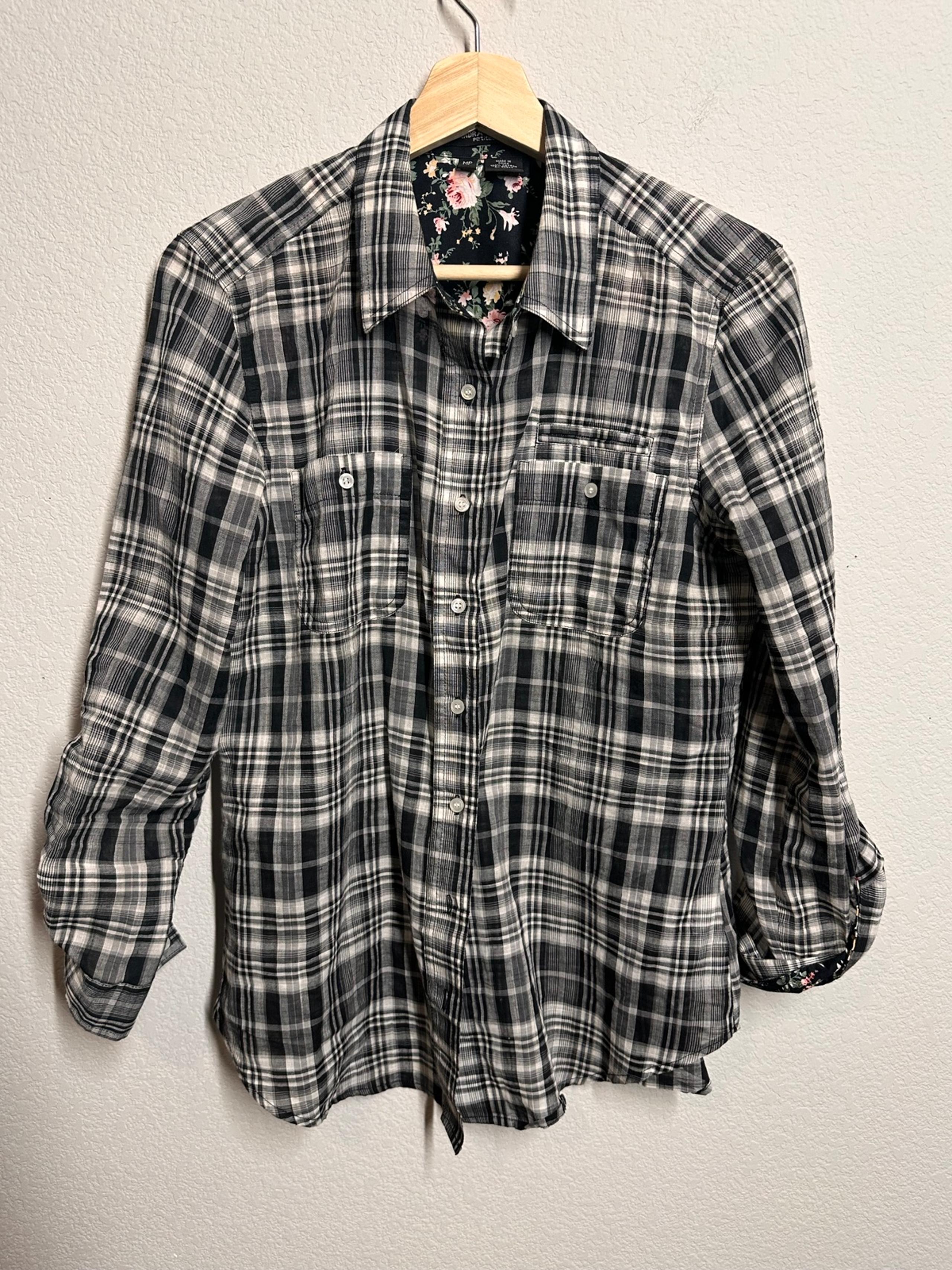 Sandra Ingrish Plaid Button Down with Flower Detail