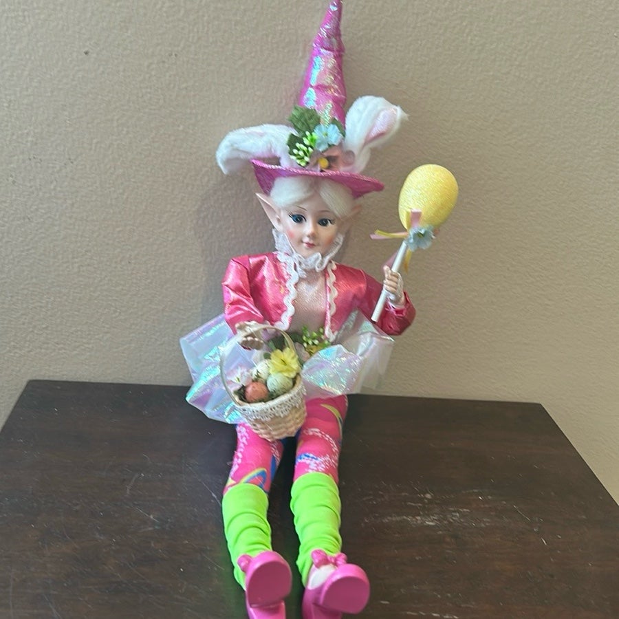 Cynthia Rowley Easter Elf Fairy Doll 16 Shelf Sitter Holding Flowers & Egg