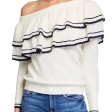 FRAME DENIM (NWT) Ruffle One Shoulder Wool Blend Sweater, Off White, Size M