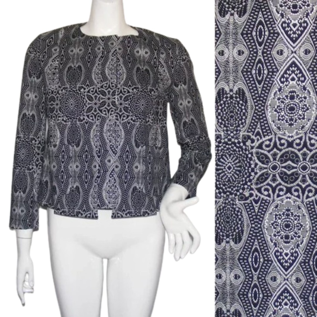 FOXCROFT Jacket, 8, Black/White Kaleidoscope, Snap front, Flocked, Op Art, NWOT