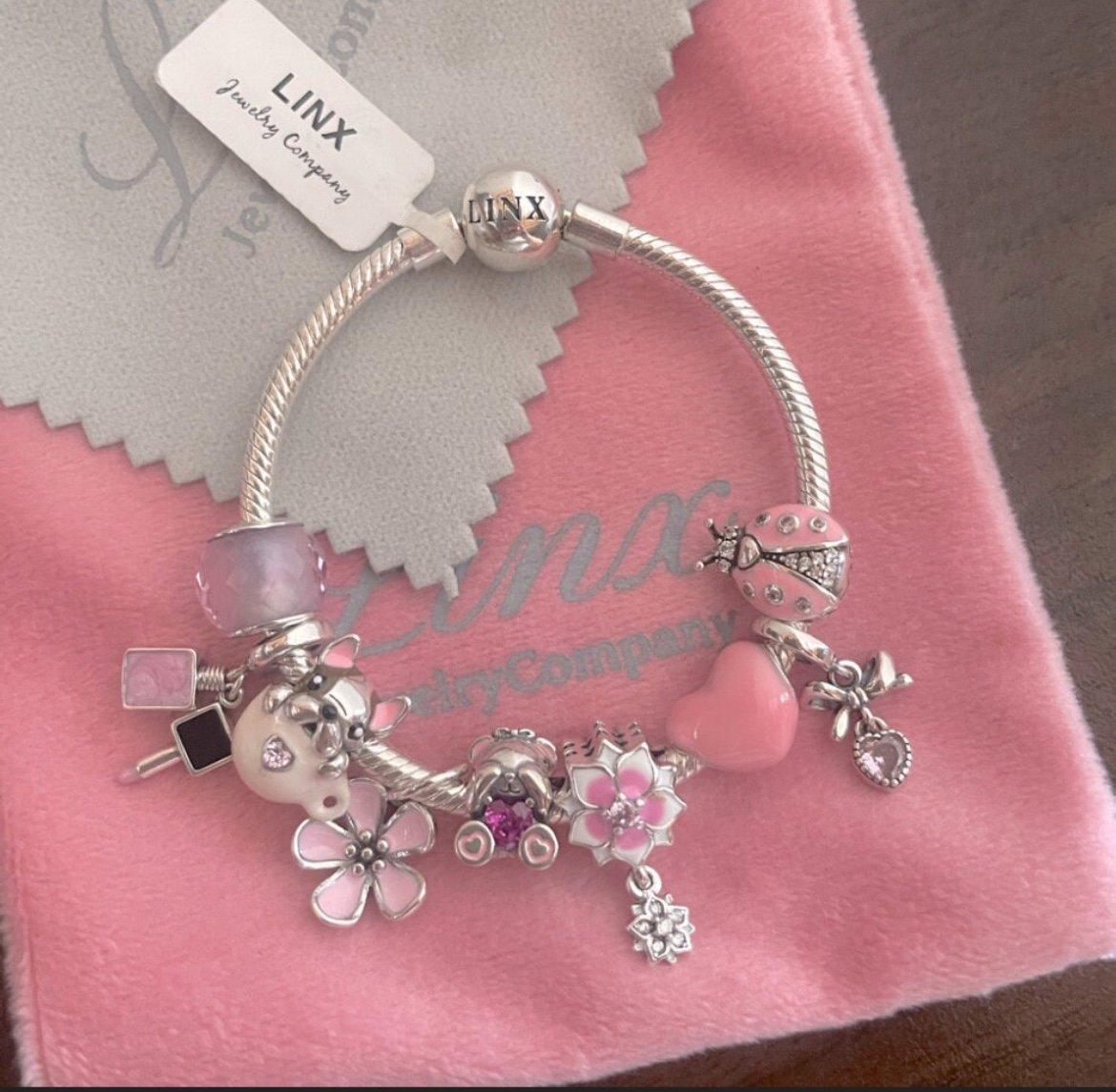 Linx Silver Snake Chain Bracelet with Pink Themed Charms 925 sterling silver