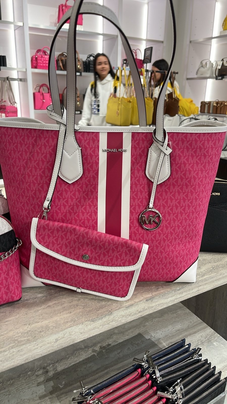 Michael Kors Eva Large Signature Logo Stripe Tote Bag MK Dragonfruit NWT