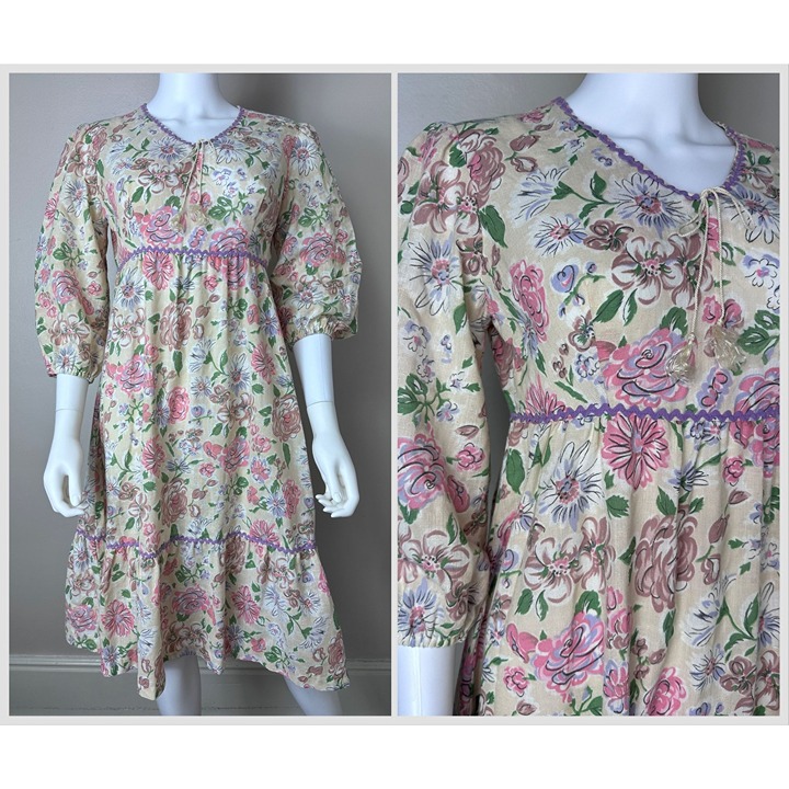 Vintage 1970s Cream and Pink Floral Midi Dress, Size Small, Prairie Peasant