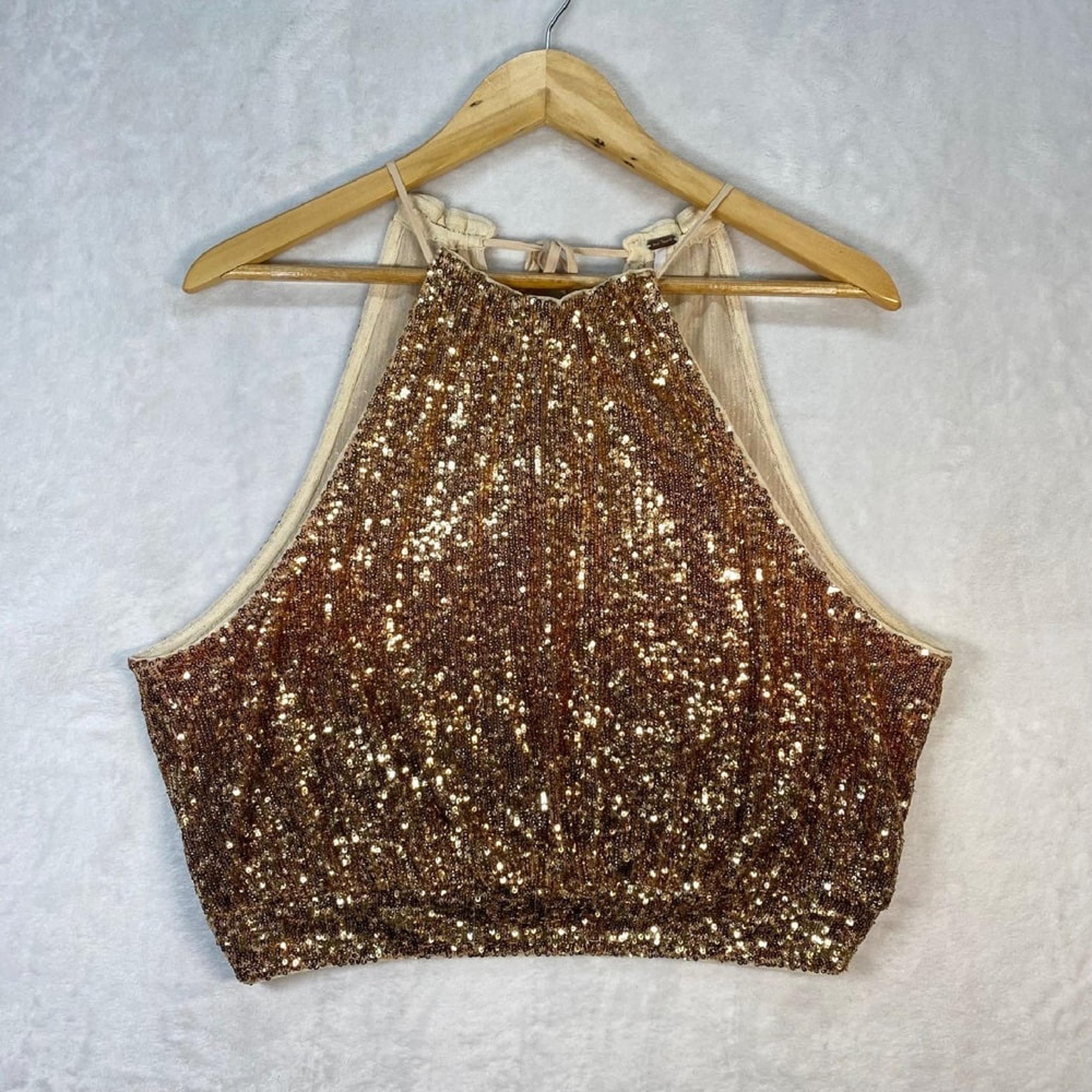 Free People Sequin Halter Top Party Sparkle Sleeveless Blouse Gold Large