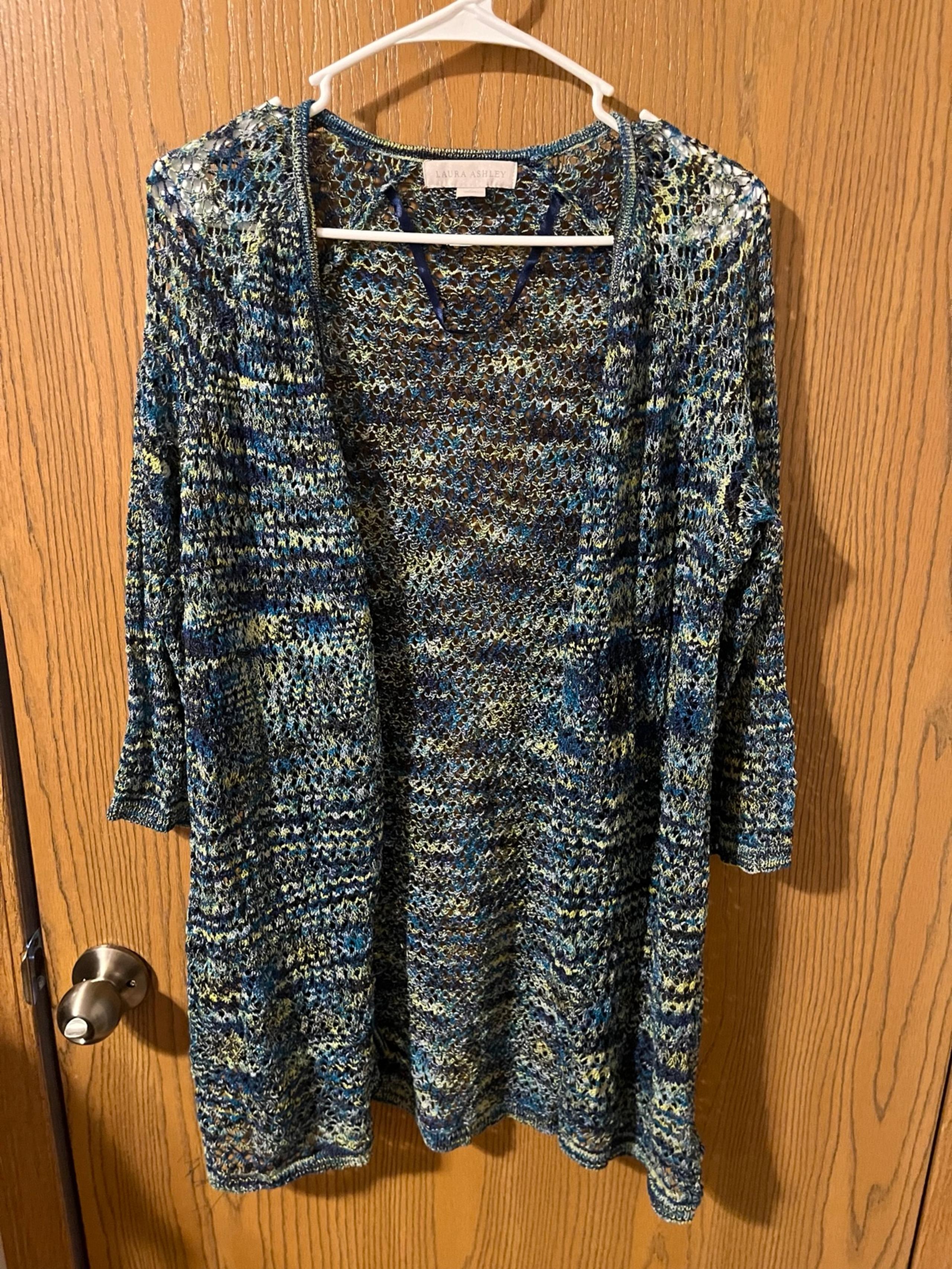 Women Size L Crochet Open Knit Cardigan by Laura Ashley