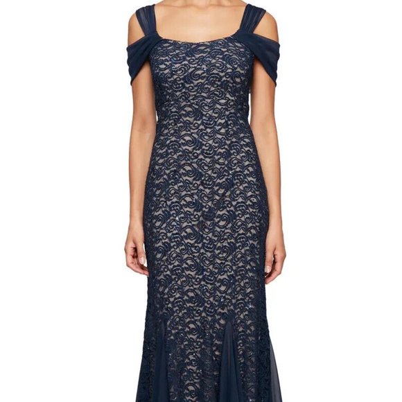 Alex Evenings Navy Blue Lace Cold Shoulder Fit & Flare Evening Gown