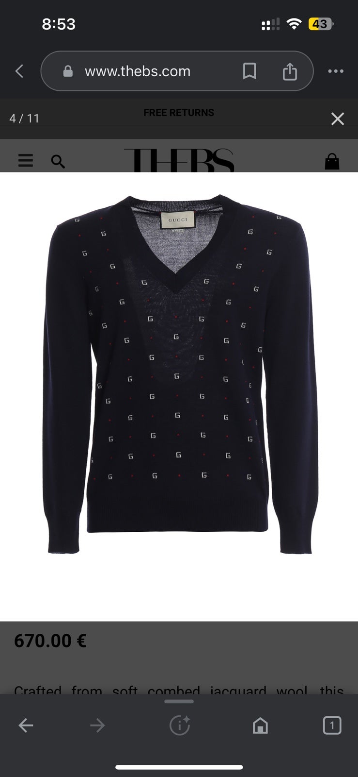 new GUCCI V-Neck Knit Sweater In Navy Blue Wool XXL