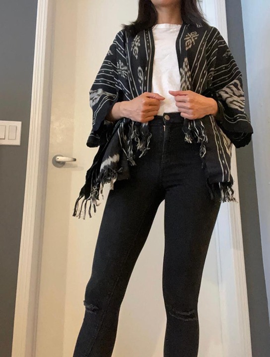 Lightweight Handwoven Black & Grey Poncho with Frills