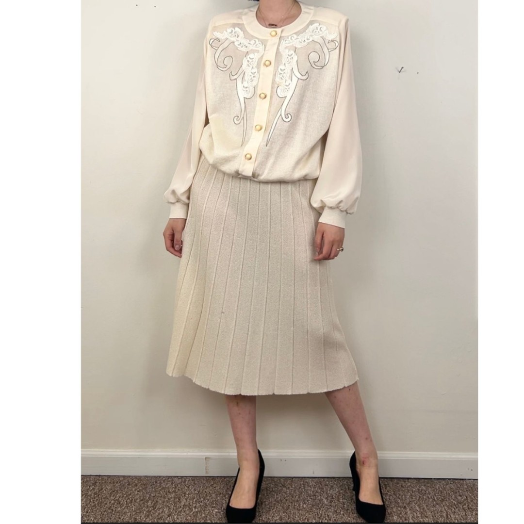 Vintage Cream Philippe Marques Embroidered Cream Knit and Satin Skirt Set