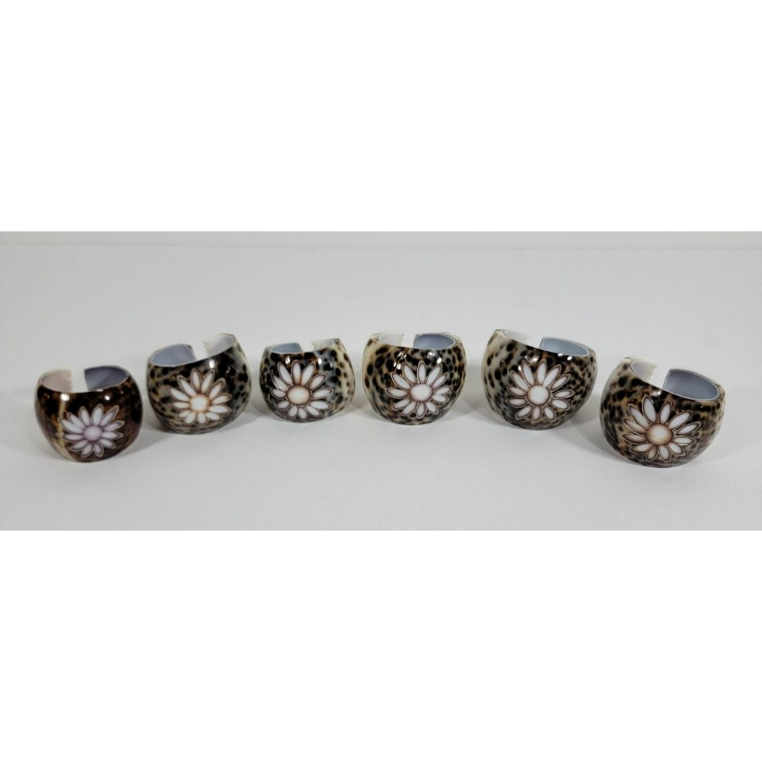 Tiger Cowrie Seashell Napkin Rings Etched Sunburst Flower Holders Nautical 6