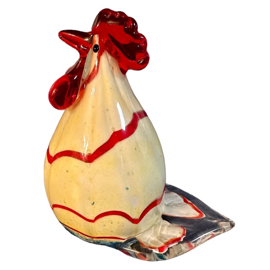 Vintage Murano Style Red White Hand Blown Art Glass Rooster Swirl Stripe 7”x6”