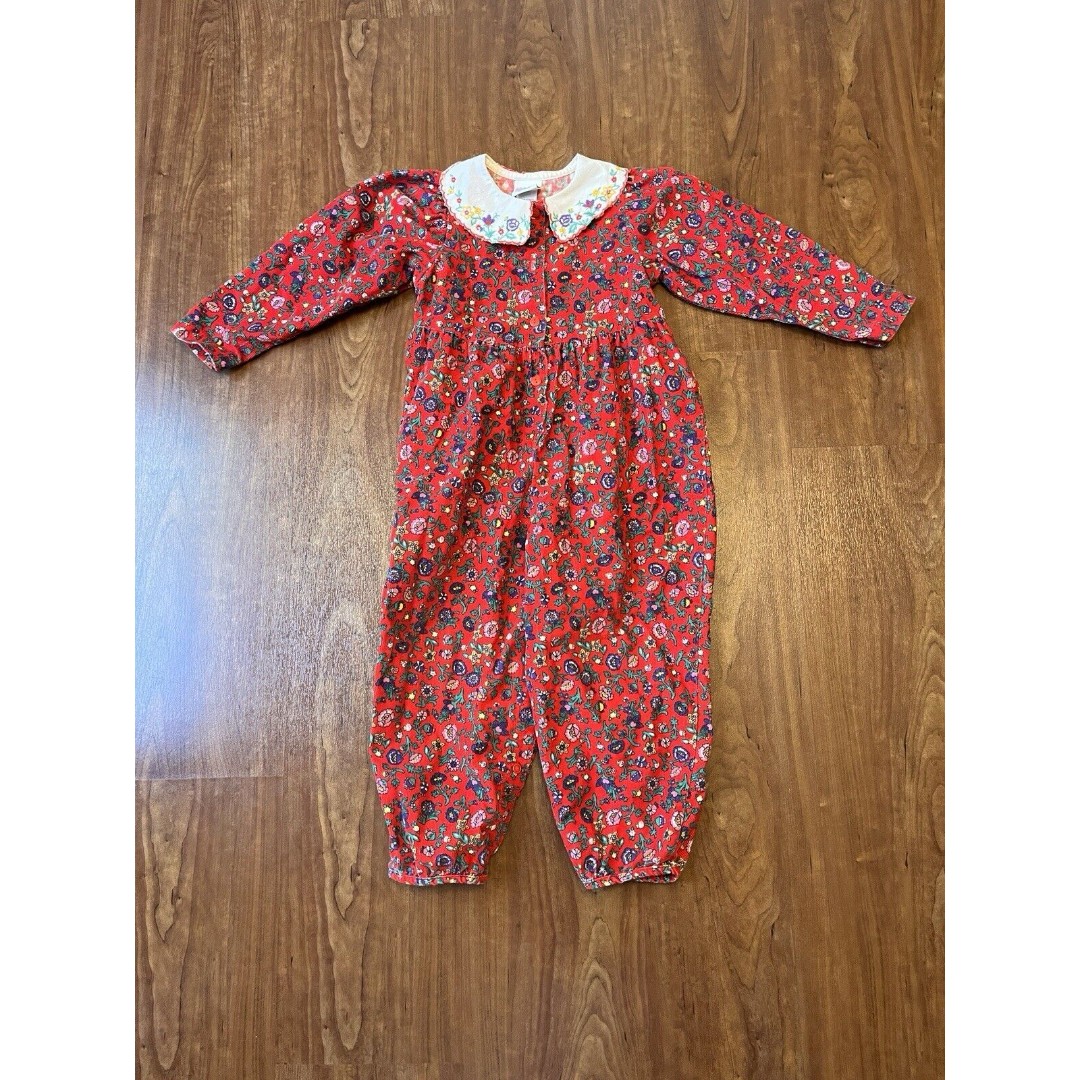 Vintage OshKosh Corduroy Romper 4T Floral Peter Pan Collar Embroidered Jumpsuit