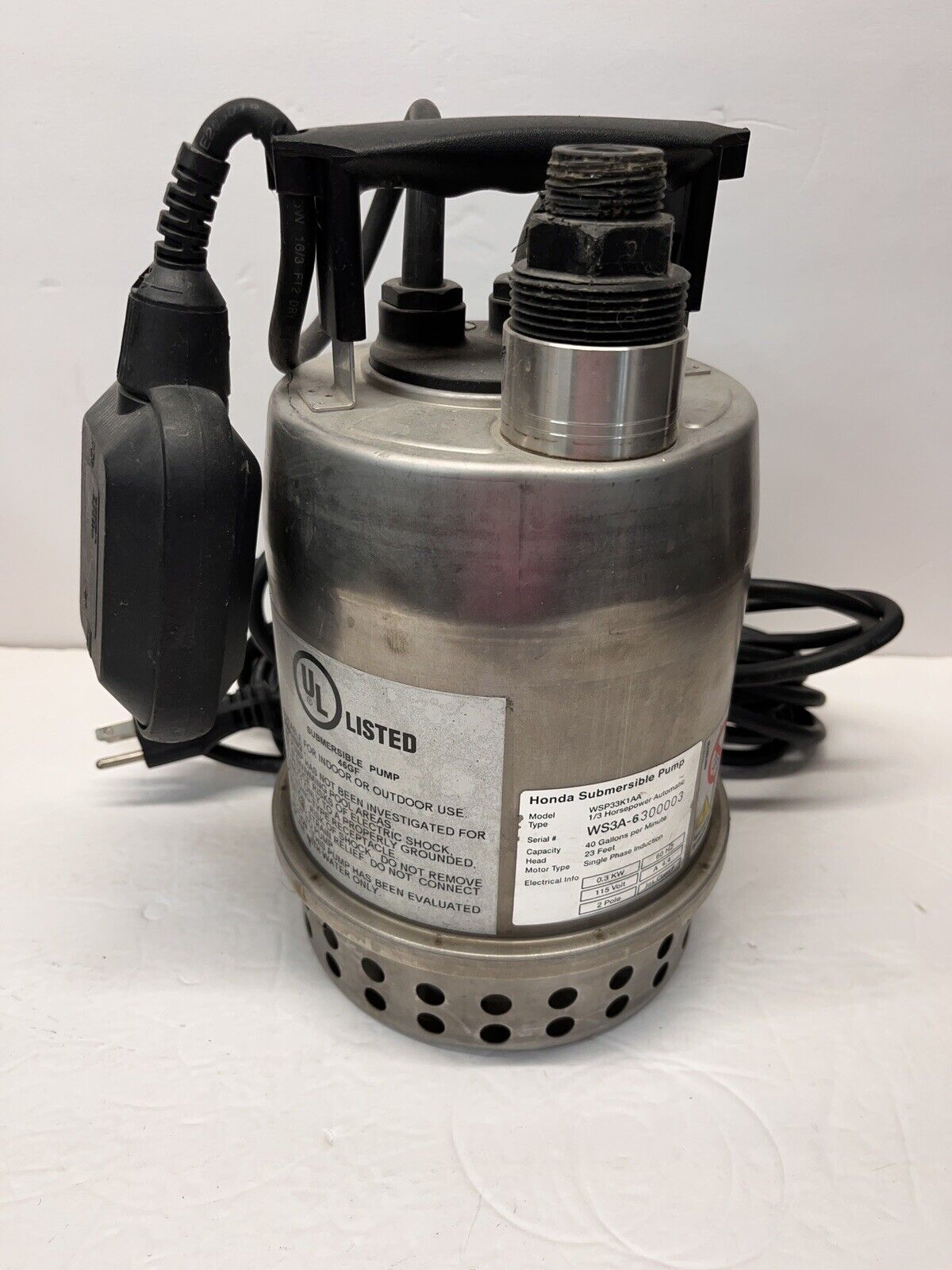 Honda Submersible Water Pump WSP33K1AA 40 GPM w/ Float Switch Steel Body