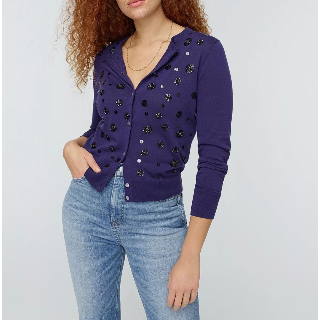 J.Crew Sz XL Bedazzled Sequin Beaded Cardigan Sweater Cotton Raw Indigo AK181