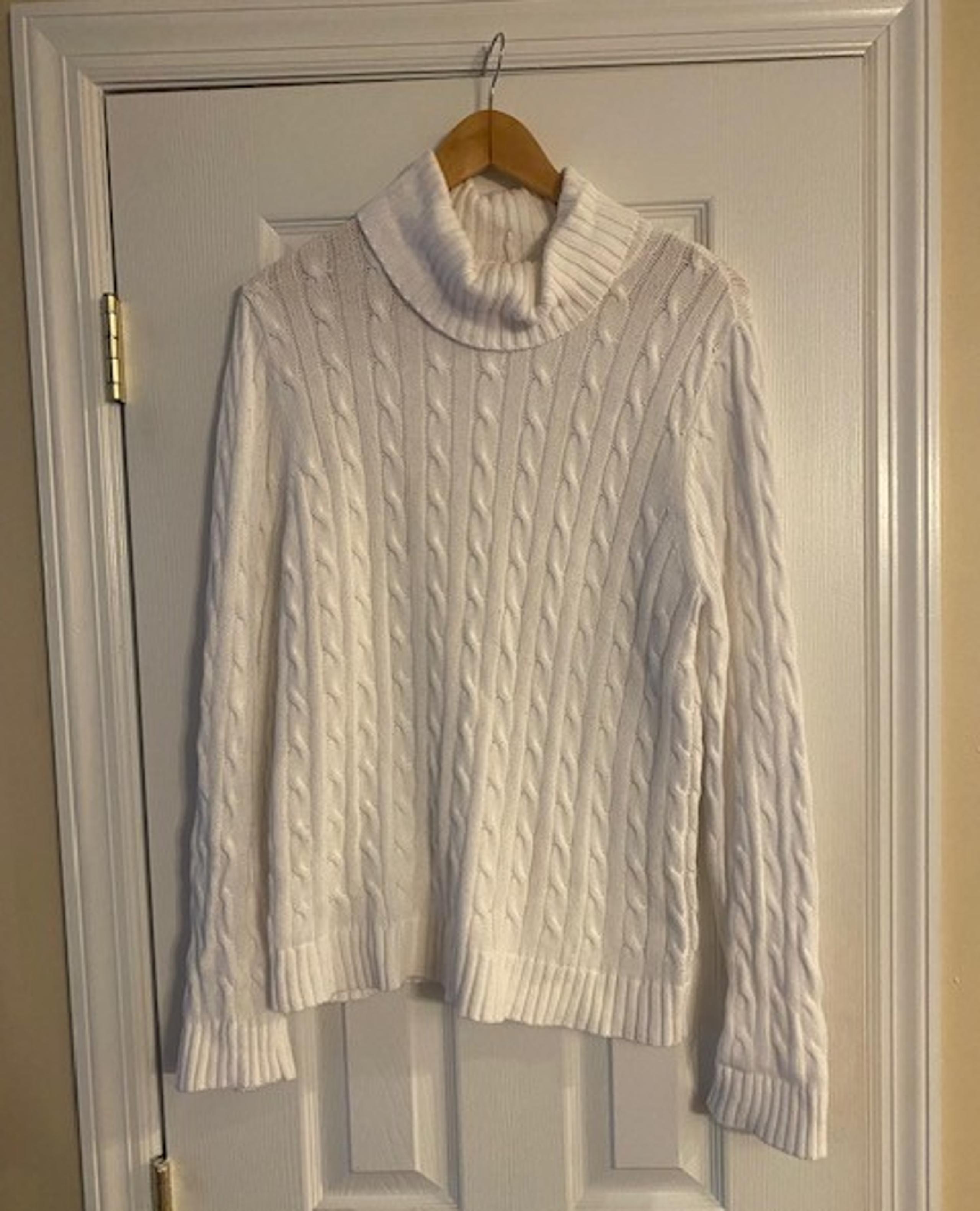 Jeanne Pierre Women's White Cable Knit 100% Cotton Turtleneck Sweater Size Large
