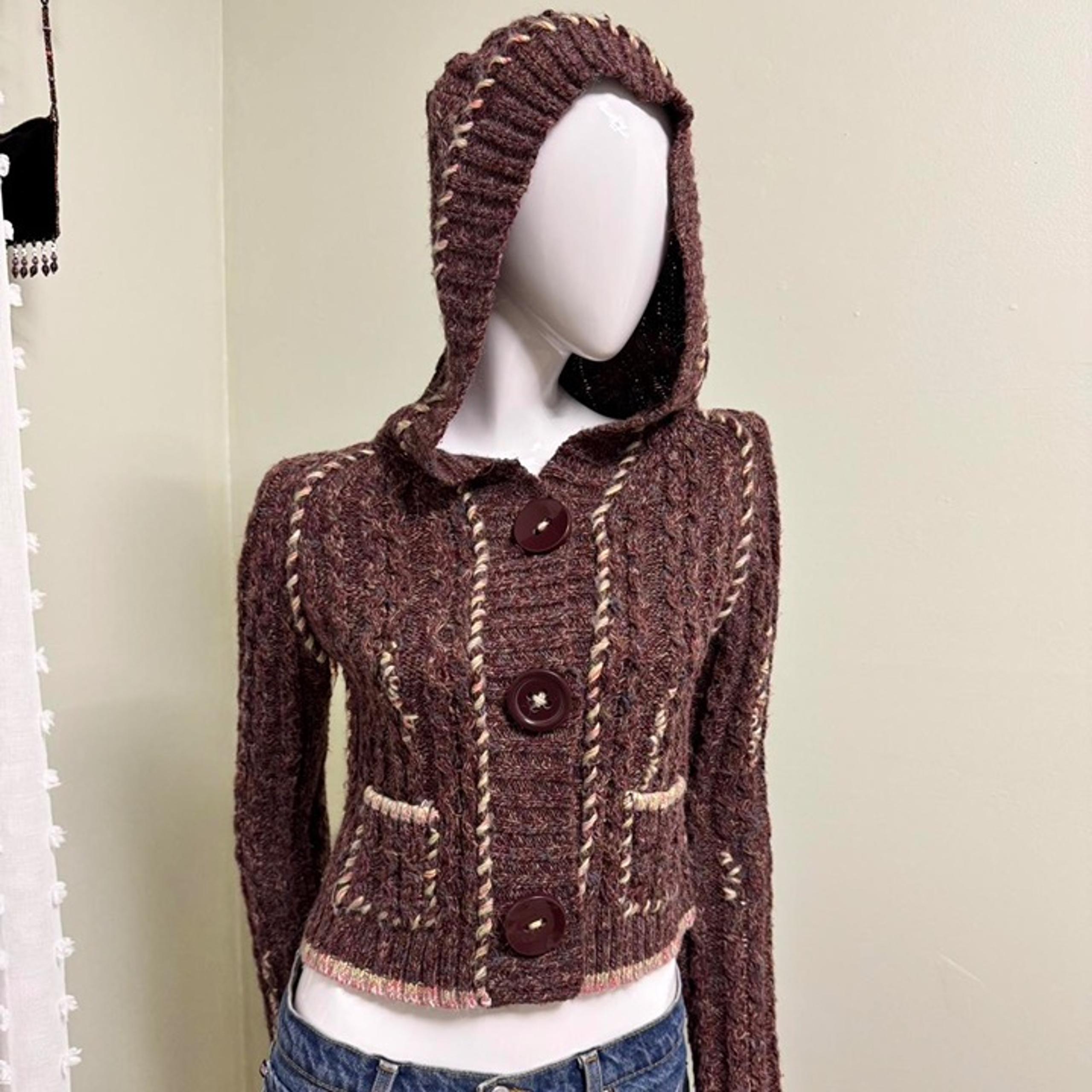 cottage core free people brown knit hoodie long sleeve sweater with buttons w co