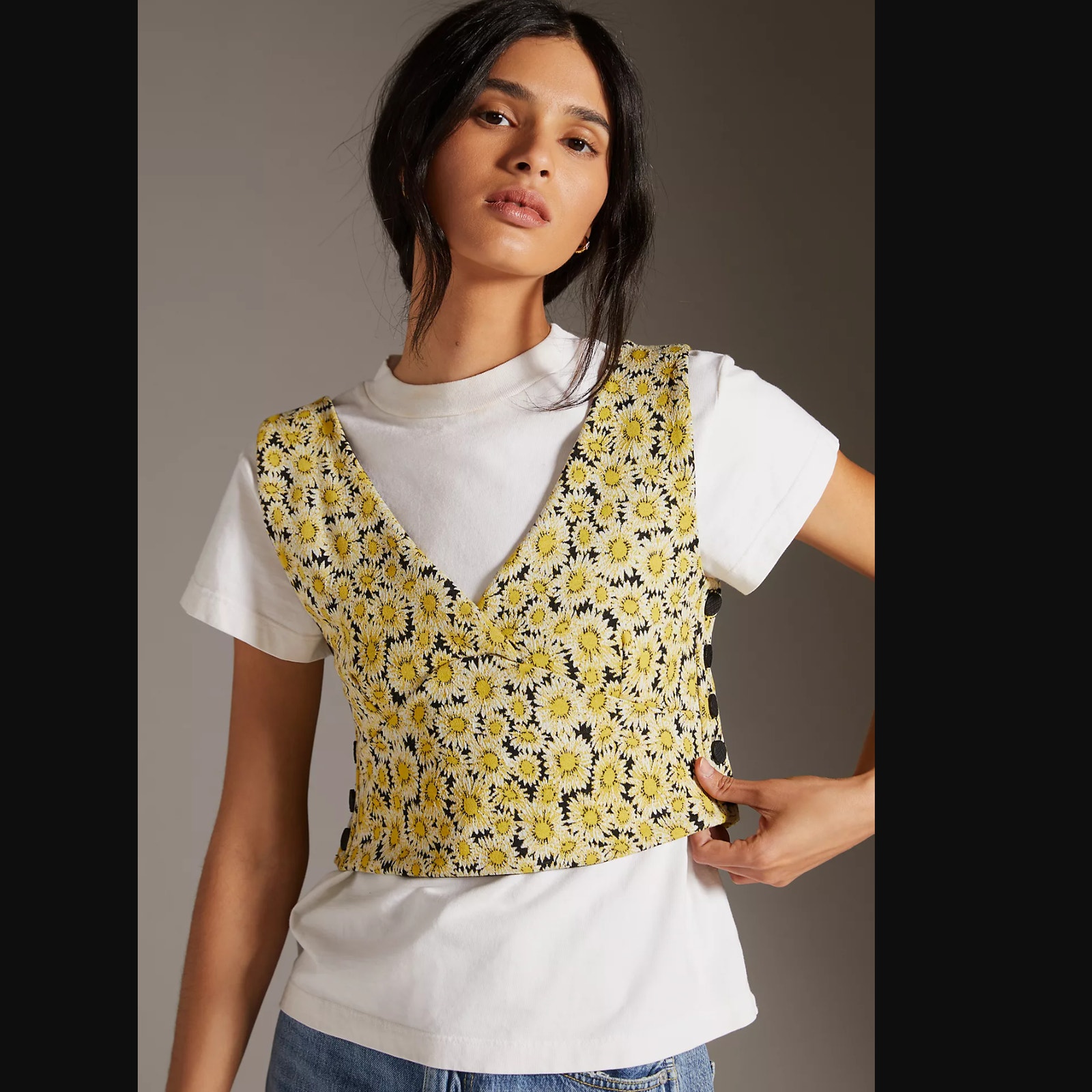 NWT Maeve Yellow Floral Button-Side Top - XL