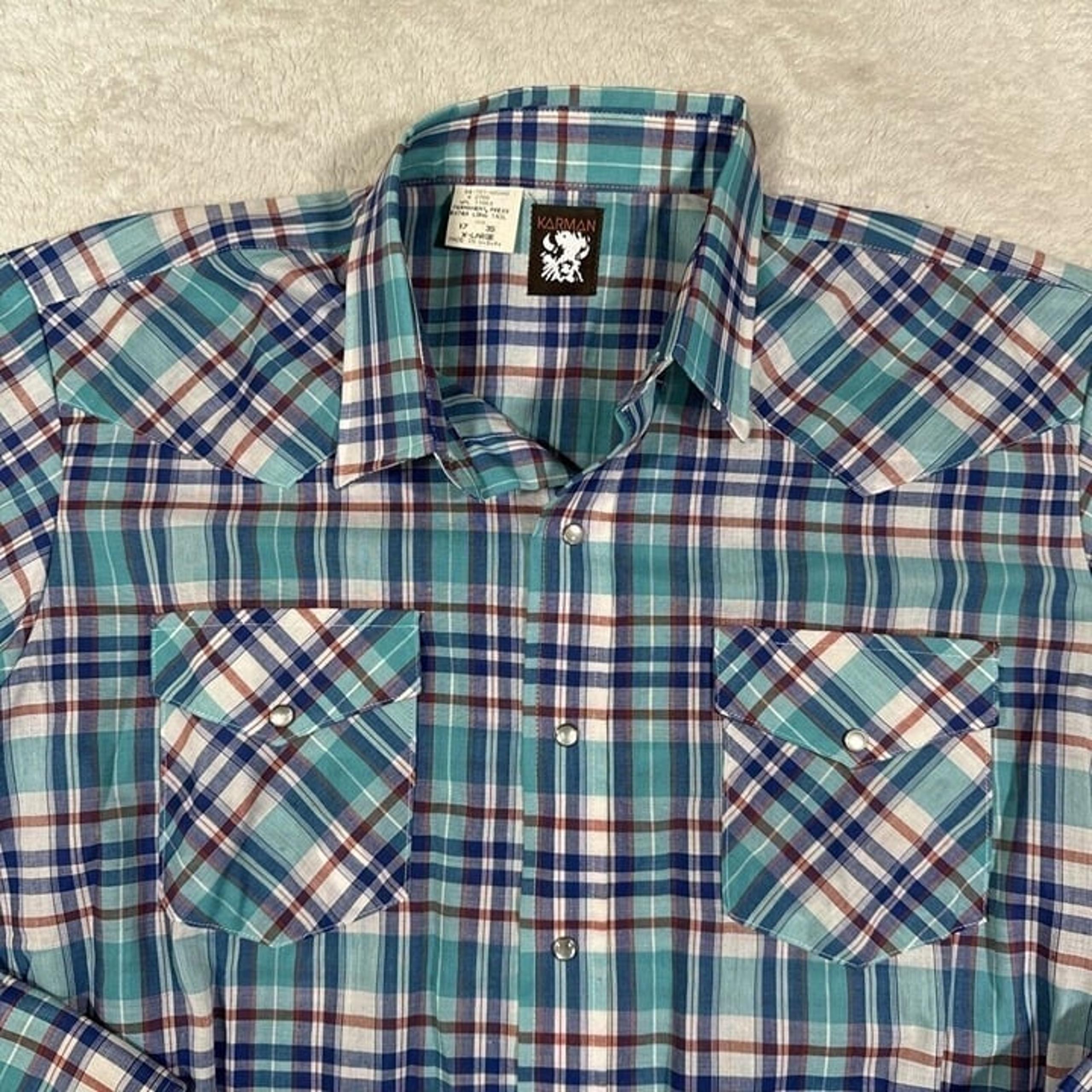 Vintage Karman Pearl Snap Shirt Men's 17 XL Blue Western Madras Tartan Plaid EUC