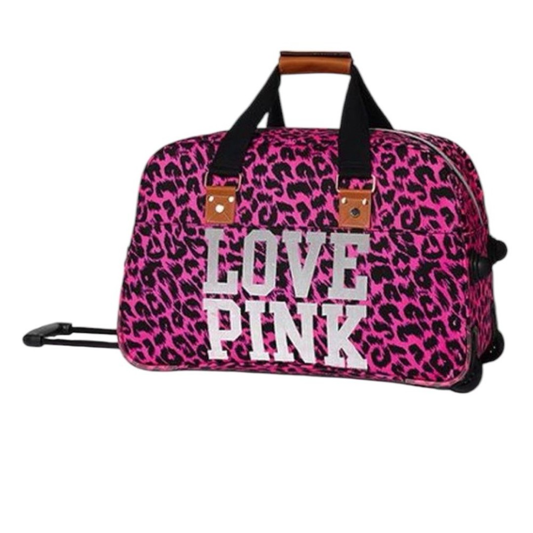 Victorias Secret Love Pink Leopard Rolling Duffle Bag Suitcase Y2K Travel Bag
