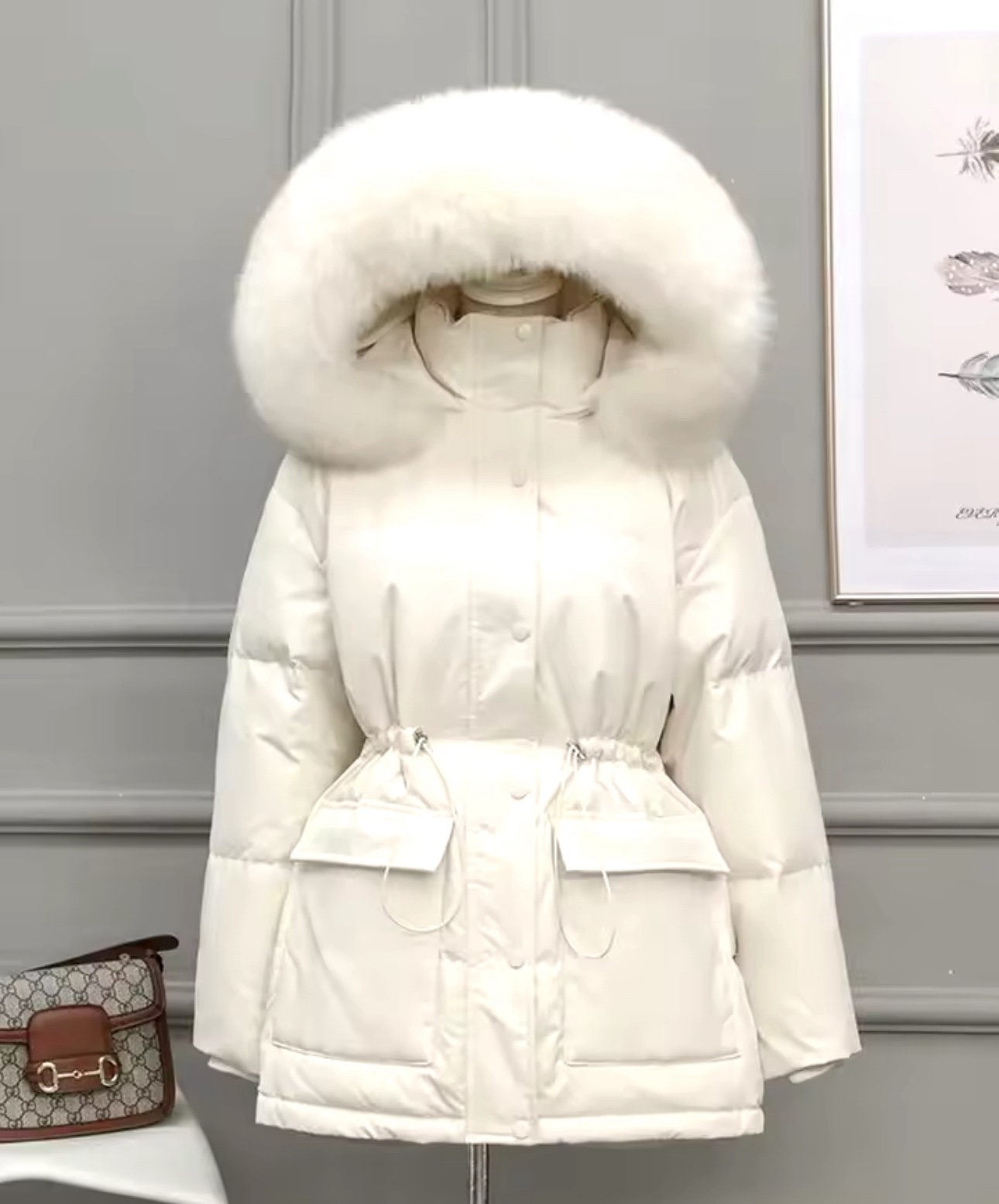 Coat size large women off white beige parka warm thick hooded removable fur new