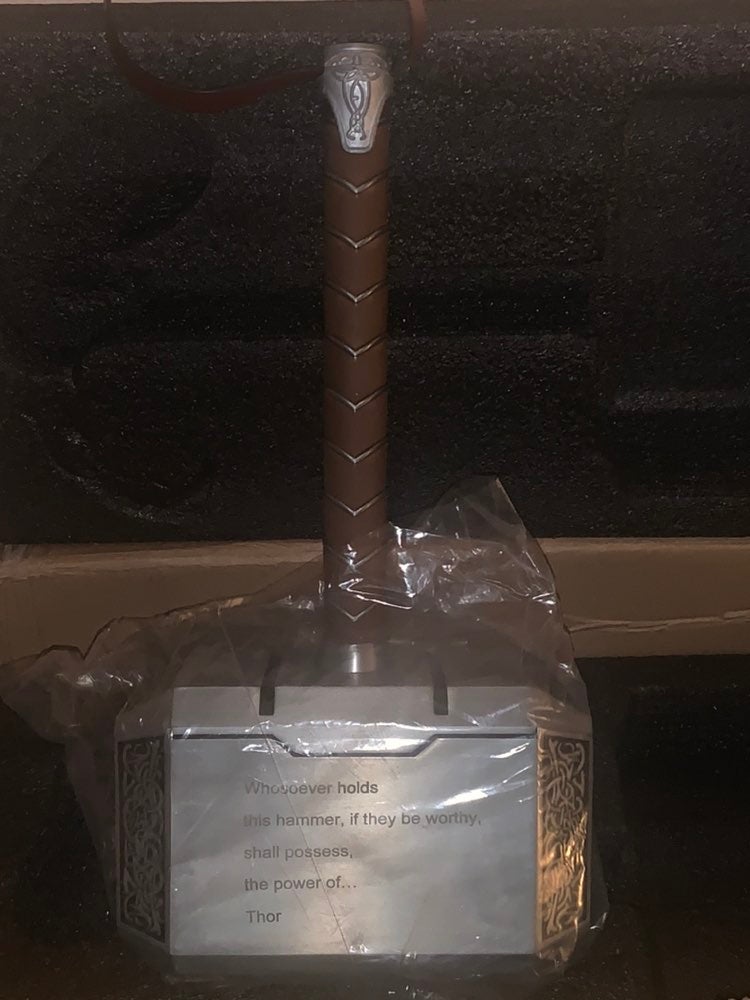 Replica Thor's Hammer with inscription and light up base.