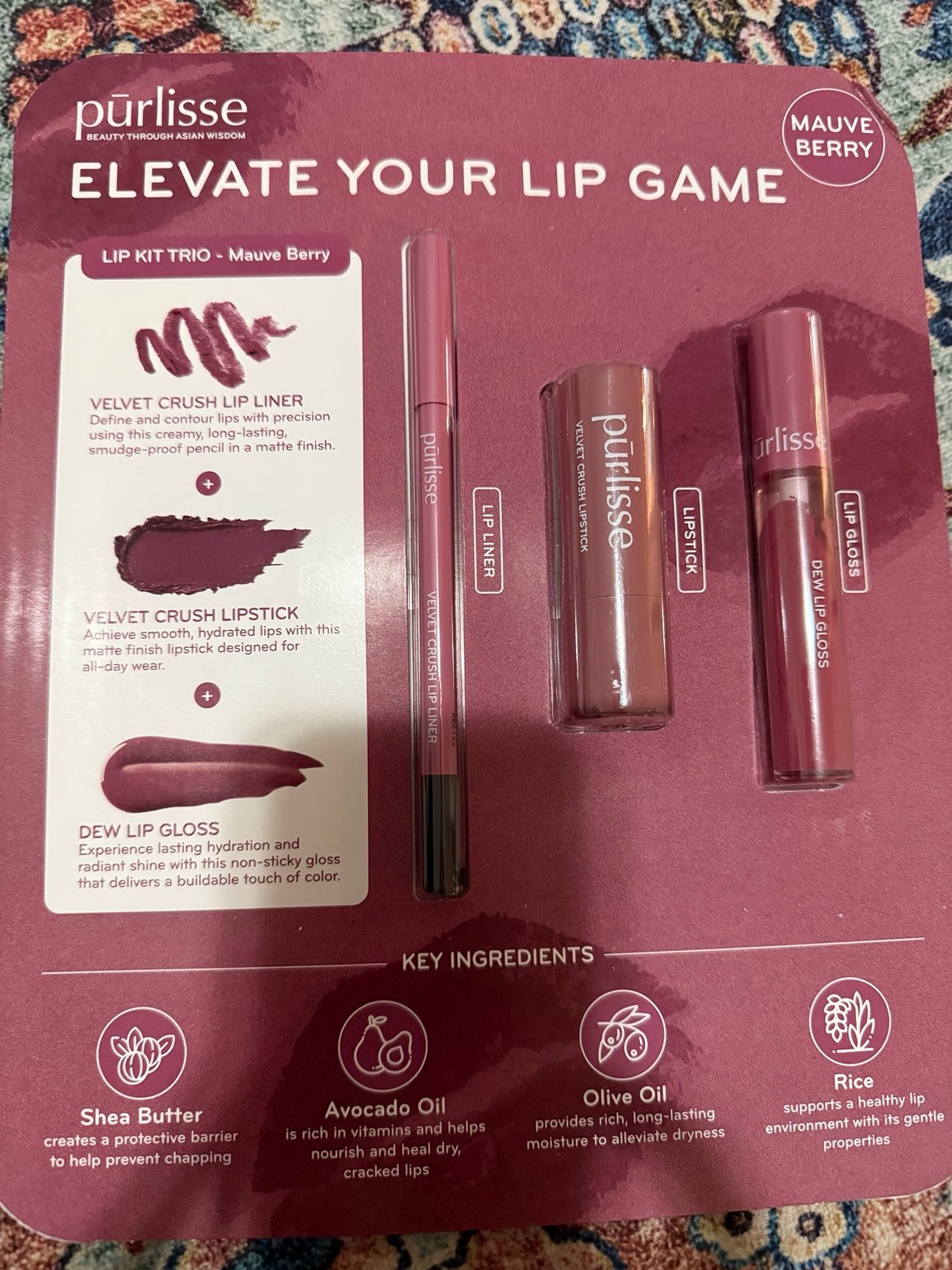 Purlisse Lip Kit Trio Mauve Berry Elevate Your Lip Game 3 In 1 Set - New Sealed