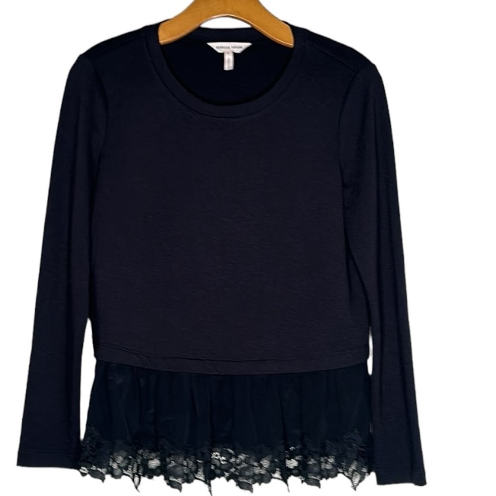 NWOT REBECCA TAYLOR Silk Lace Trim Pullover Layered Sweater Black Size Small