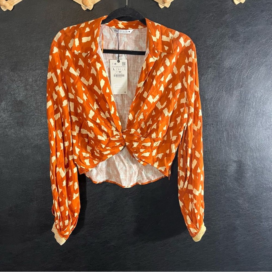 Zara Orange Ikat Print Crop With Beaded Sleeve Cuffs Size Large