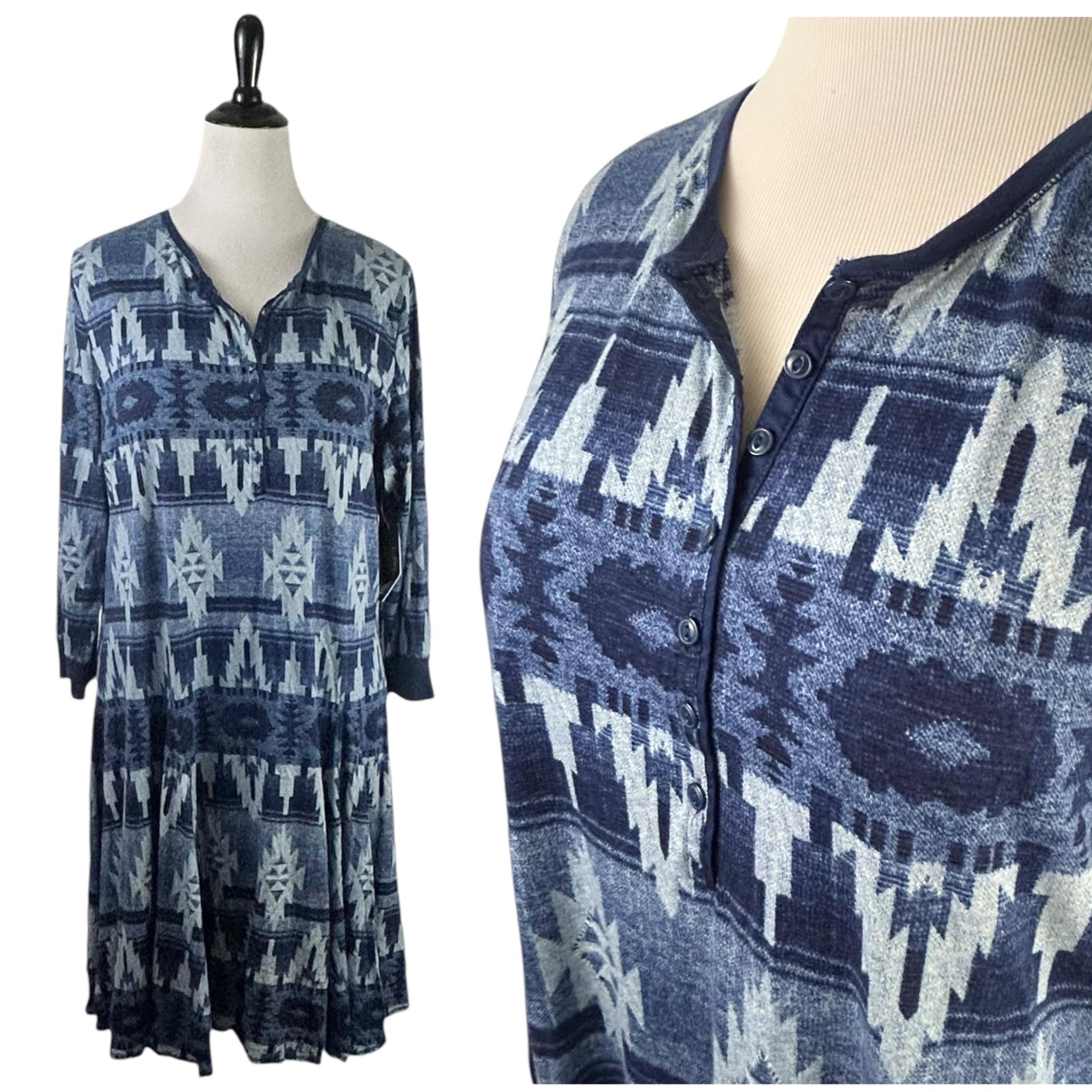 LAUREN RALPH LAUREN New Knit DRESS 2X Blue Aztec Print Midi Southwestern Casual