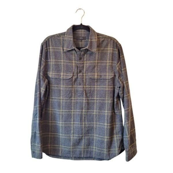 Vince. Men's Grey and Green 100% Cotton Flannel Shirt