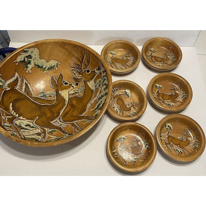 7 - 1950s Hand painted Birch wood bowls Manuel Lucille Miller Deer Snow READ