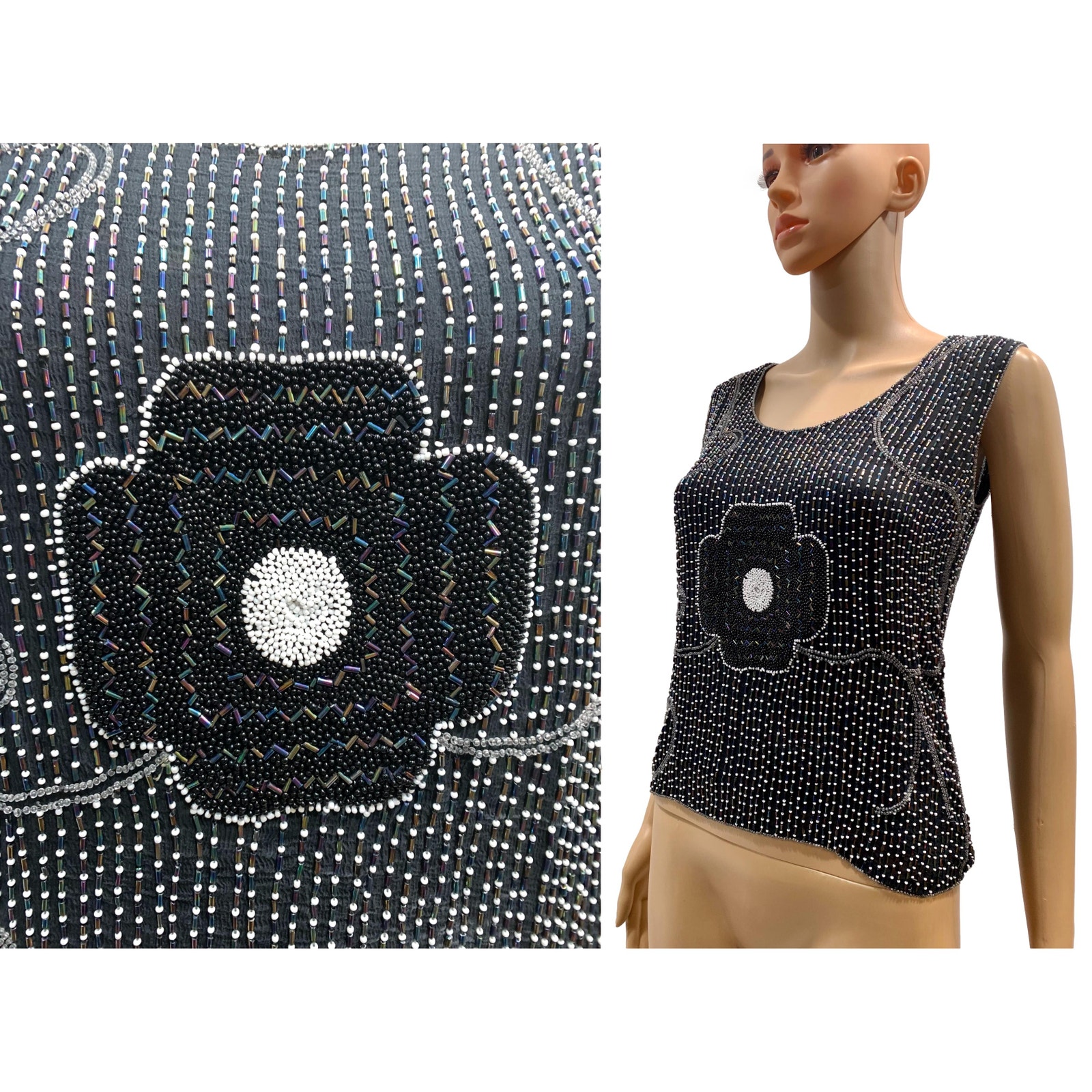 VTG 70s Beaded Sleeveless Top | MOD GLAM TANK TOP | XS