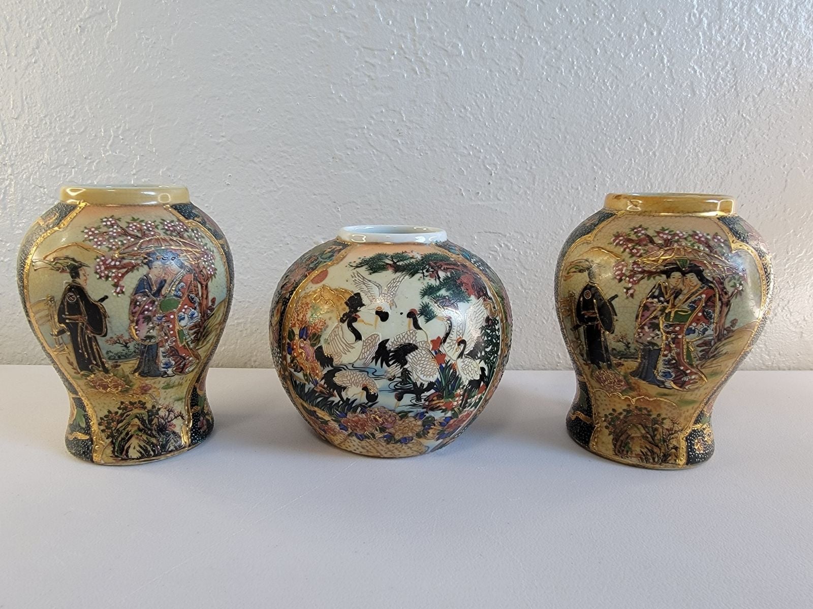 Lot of 3 Collectible Antique Royal Satsuma Vases Handpainted
