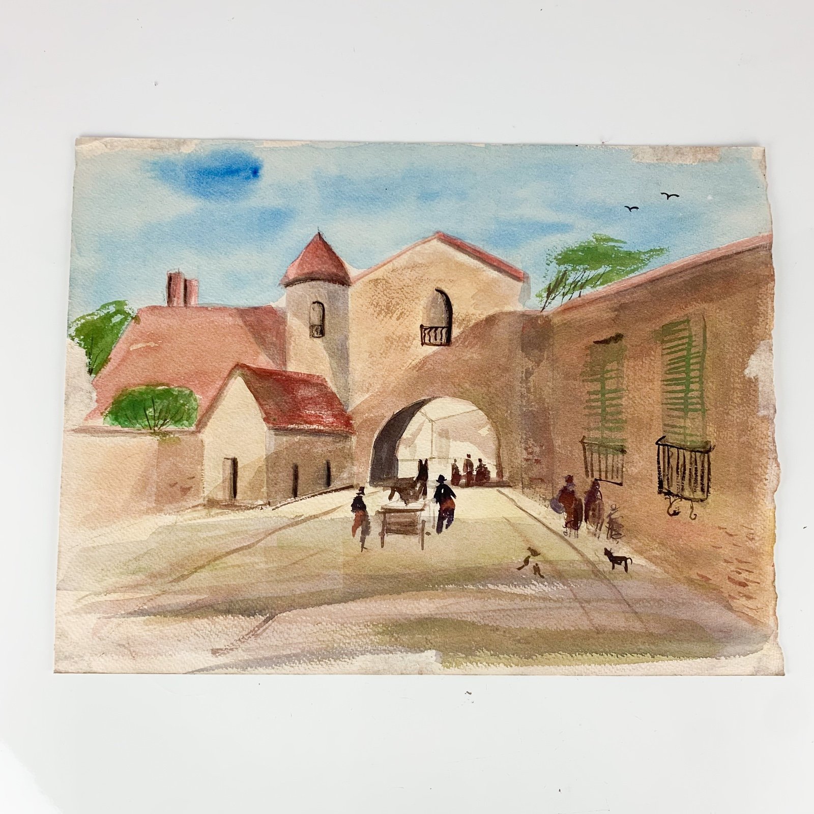 VIntage Modernist Watercolor Original Art On Paper Village Scene Gallery Wall