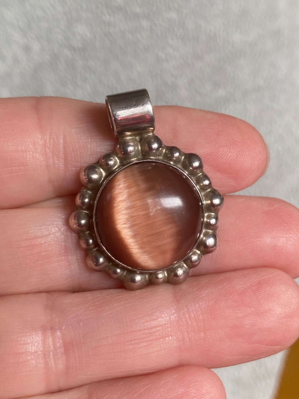 Vintage Taxco Cats Eye Pendant Sterling Silver 925 Bezel w/ Silver Bead Detail