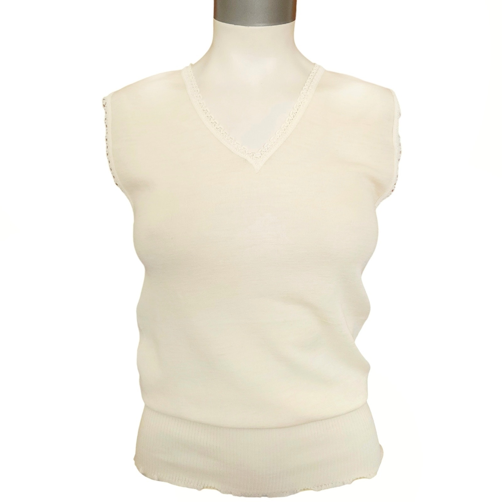 BALLANTYNES wool pullover cream lace trim lightweight ribbed sweater tank top L