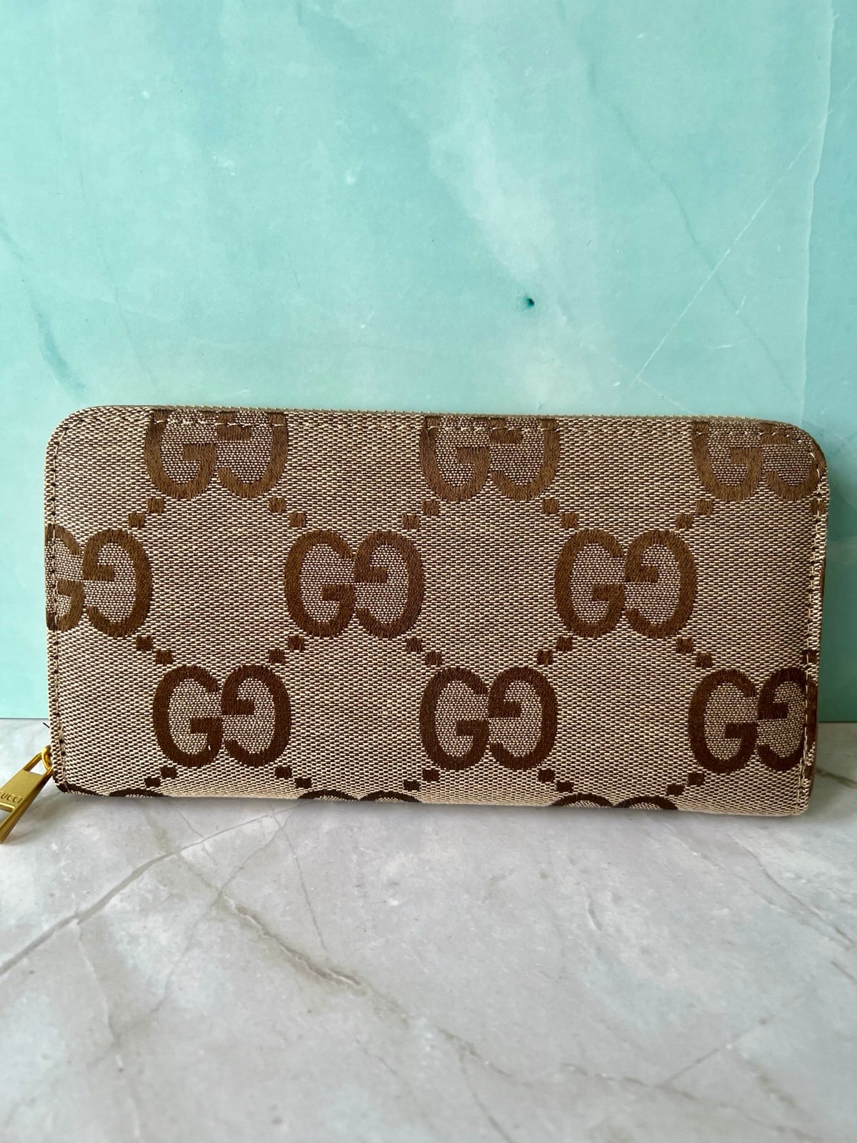 Tan Canvas Zip Wallet | Allover Logo Print | Card Slots | Free Shipping