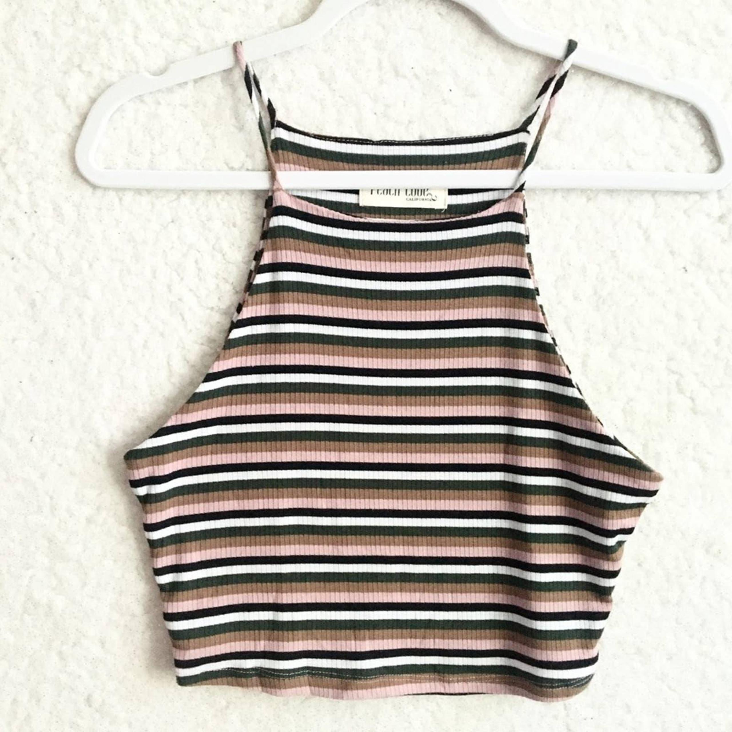 Peach Love California Striped Crop Tank Top Small Sleeveless Brown Pink Summer