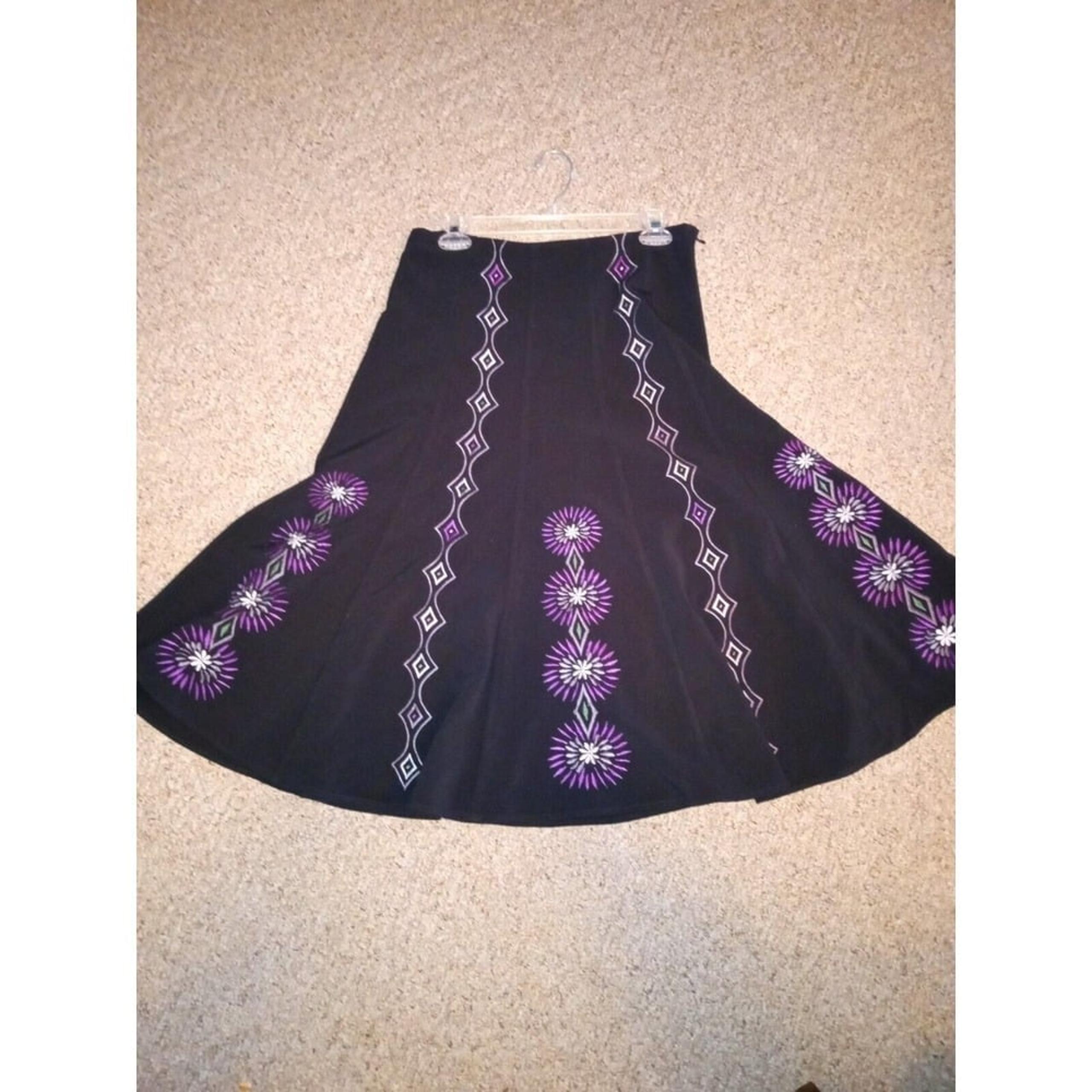 Black A-line Flare Skirt Size 8 With Purple Embroidery Long Modest Sunny Leigh