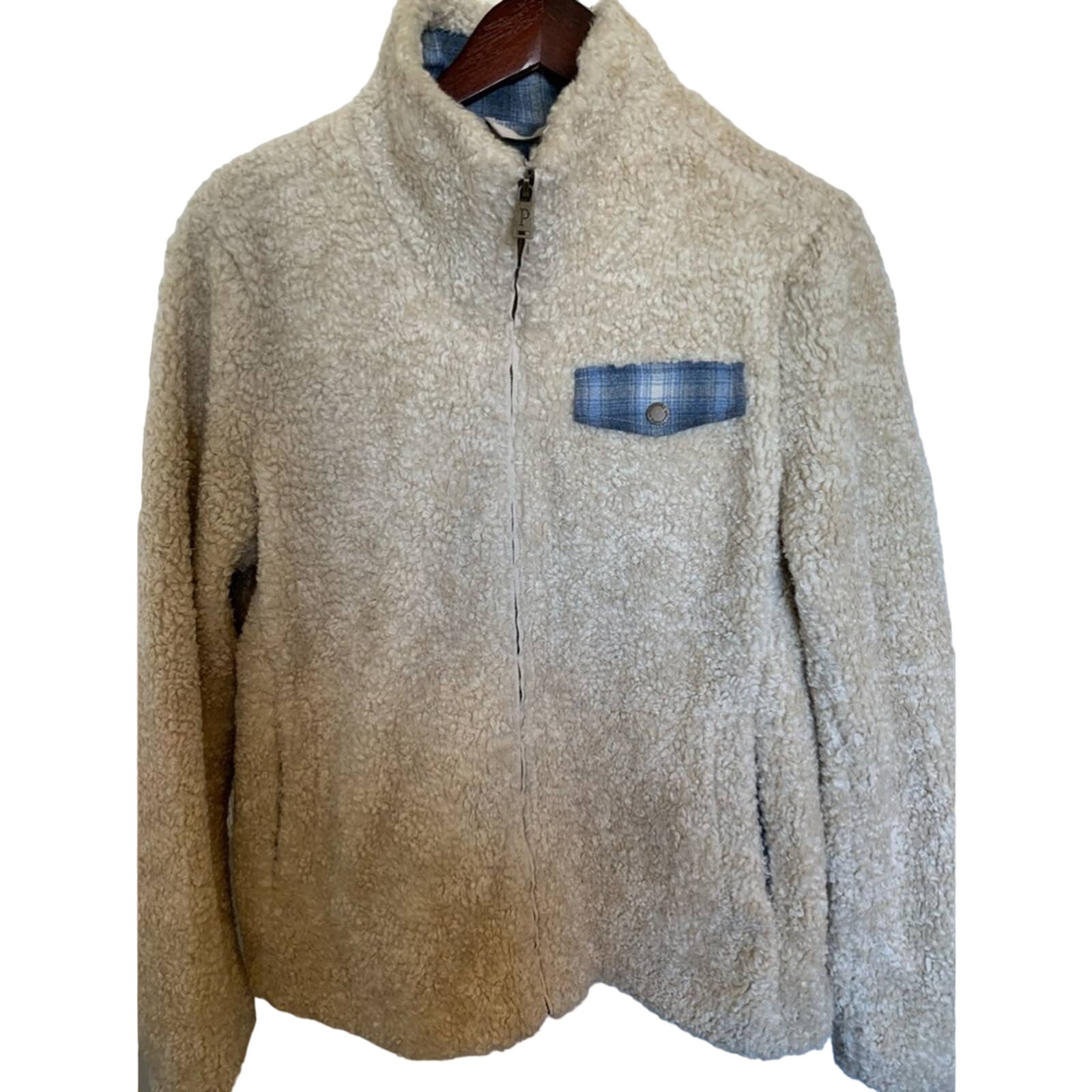 Pendleton Women Fuzzy Full Zip Coat Jacket tan/blue large