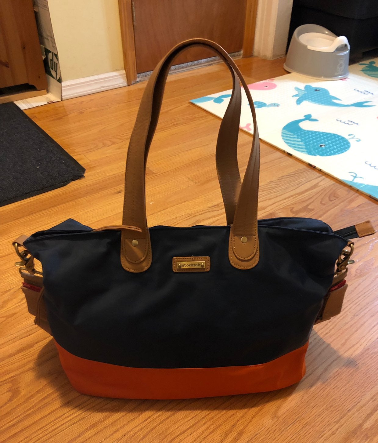 Storksak Color Block Navy/Orange Tote