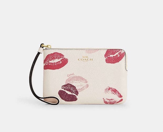 Coach Corner Zip Wristlet With Lips Print
