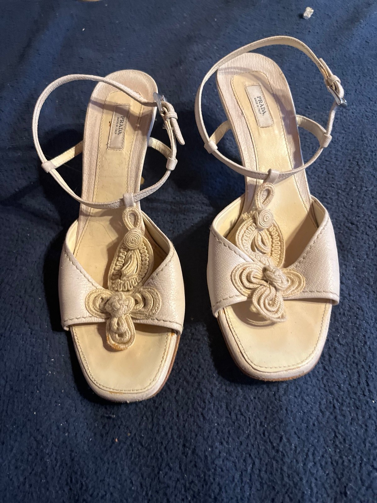 Prada Vero Cuoio Vintage Beige Crochet Ankle Strap Womens Size 37 1/2(Sz- 6 US)