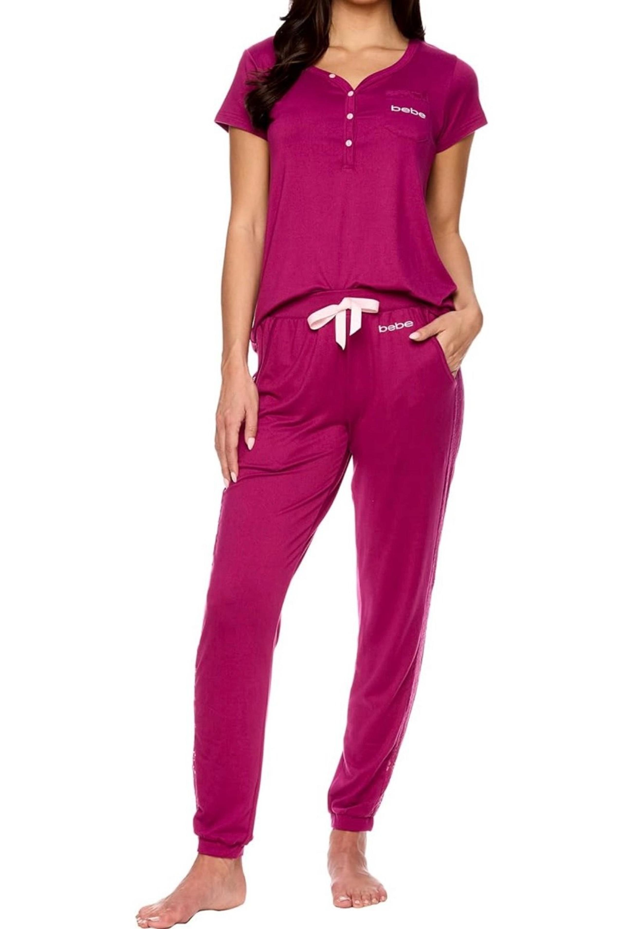 bebe Womens Pajama Set - Short Sleeve Shirt with Jogger Pj Set - Size M - Plum