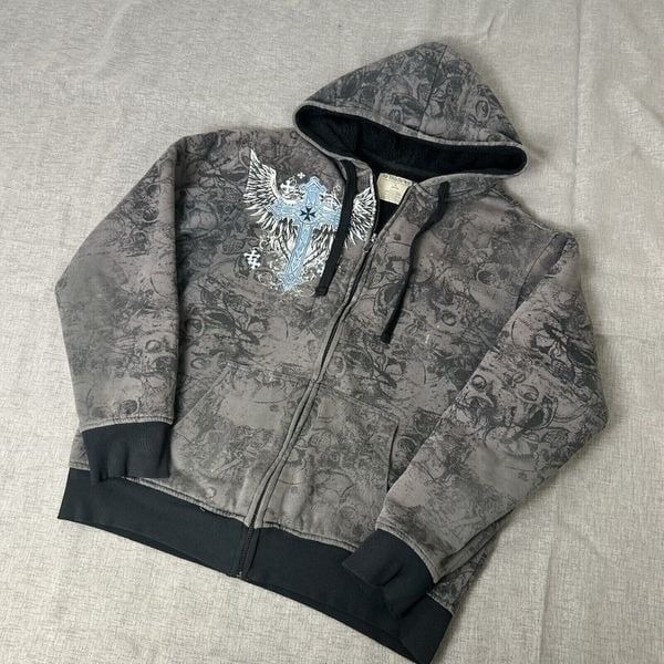 Vintage Y2K No Boundaries Hoodie Men’s Size M AOP Sherpa Lined Cross Wings Vtg