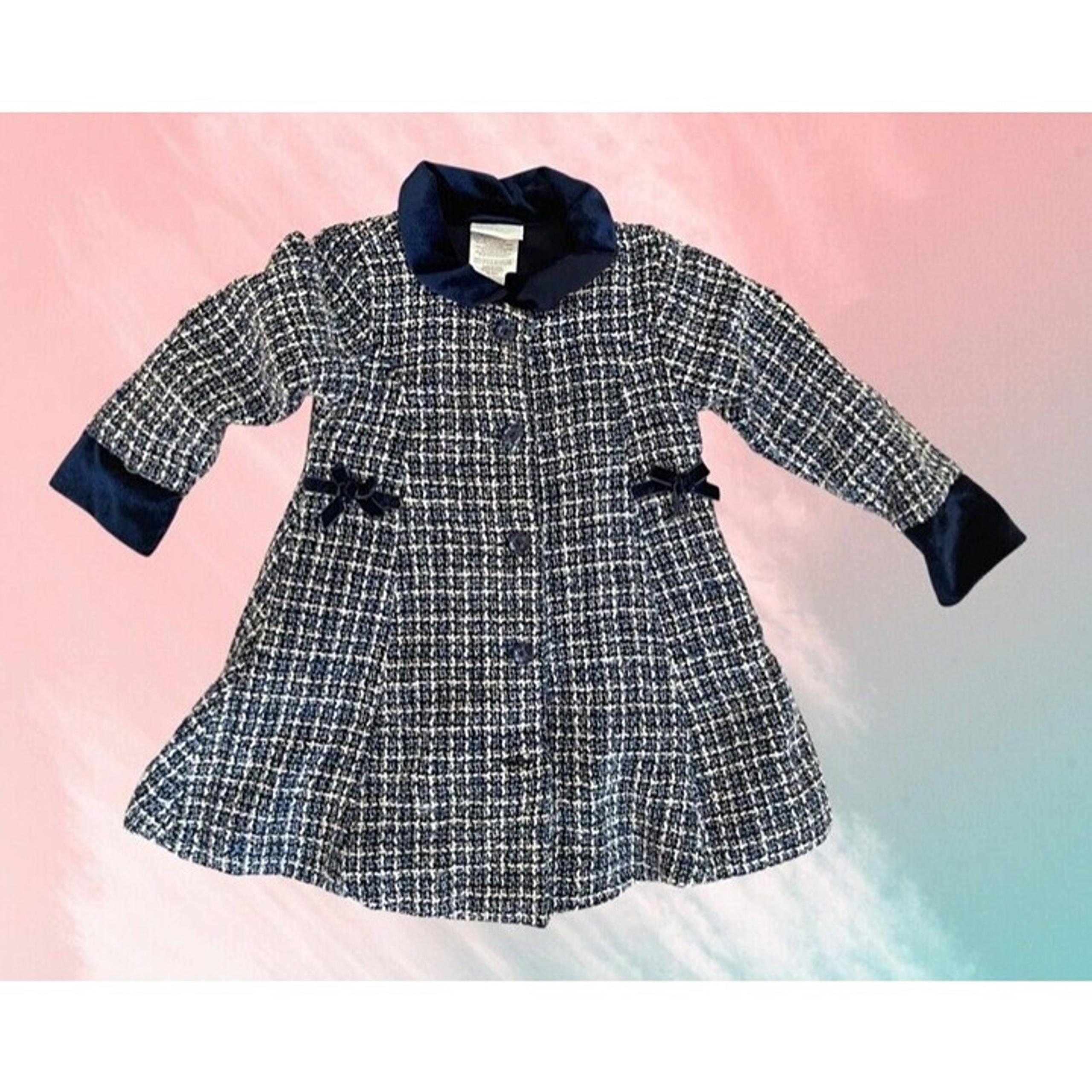 Vintage Nannette Baby Button Coat Size 12 month Dressy pleated Blue White Tweed