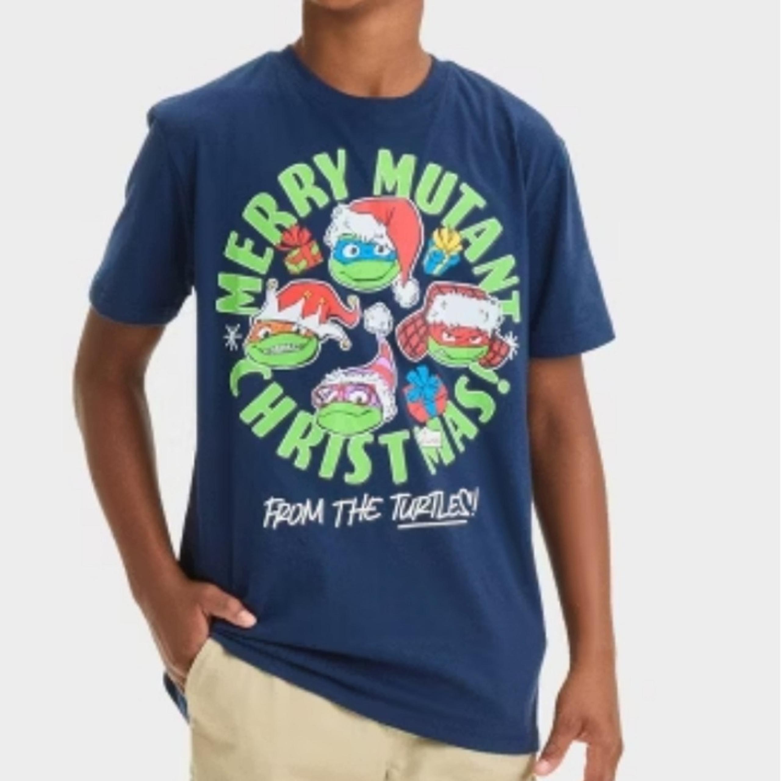 TMNT Boys' Navy "Merry Mutant Christmas" Graphic Short Sleeve Tee Size Small NWT