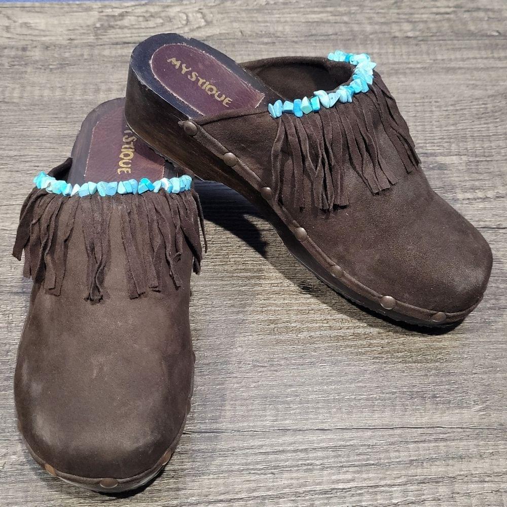 Mystique Boutique Clogs Dark Brown Suede Fringe With Turquoise Stones Size 8