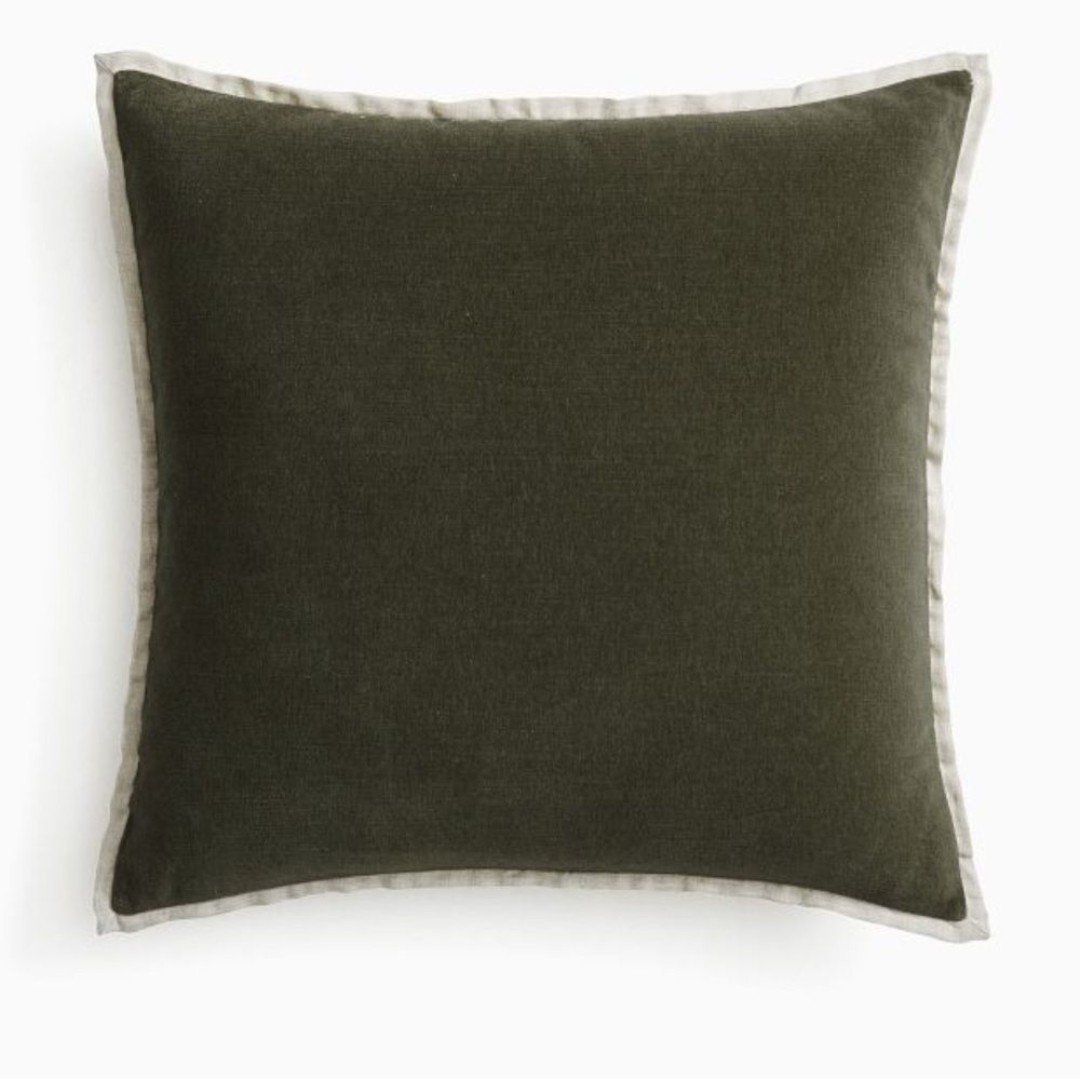West Elm Classic Cotton Velvet Pillow Cover dark olive linen trim 20”x20” NEW