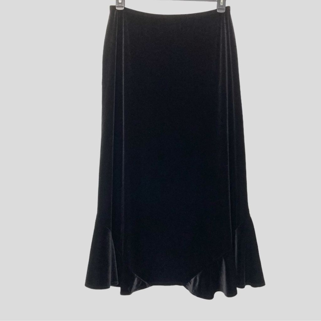 Mirasol Y2K Women's L Maxi Black Velour Skirt Bias Cut Hem Ruffle Witchy Goth